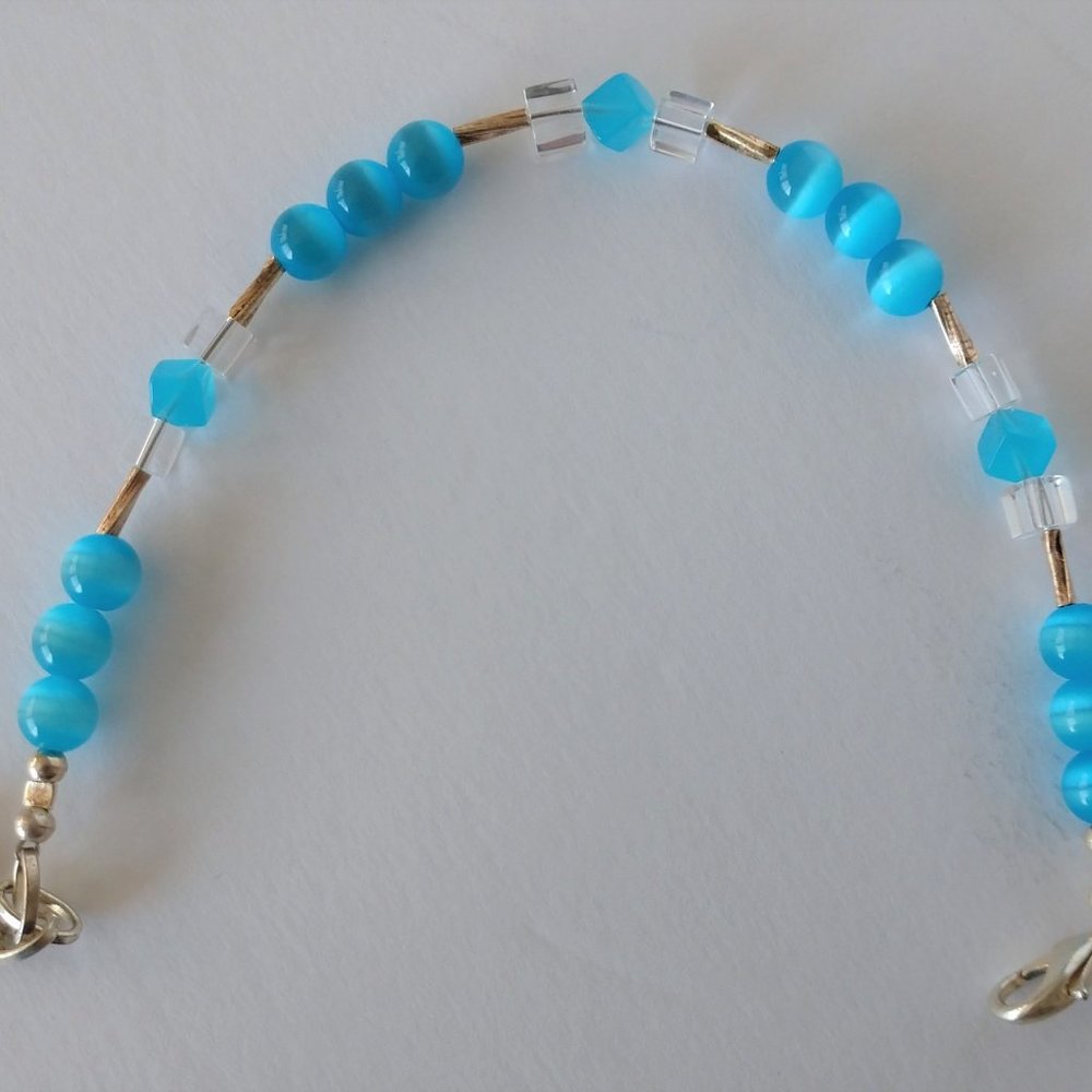 Aqua Blue Beaded Bracelet with Banded Agate Beads Handmade 8 inches - Picture 3 of 16